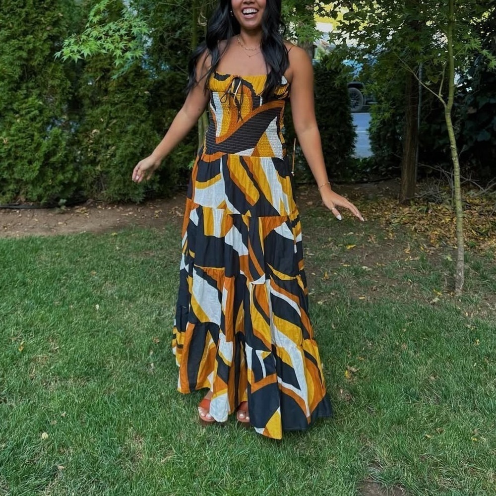 NWT Anthropologie Josephine Smocked Drop Waist Black Orange Maxi Dress Medium - Picture 4 of 10